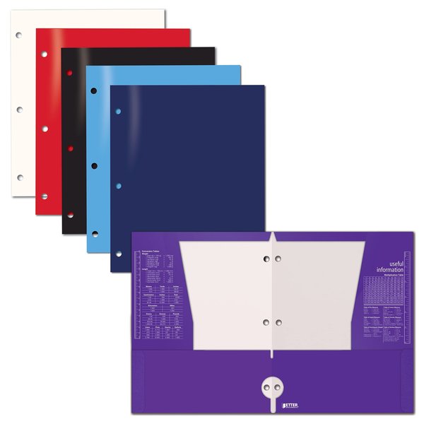 Better Office Products 3-Hole Punch 4 Pocket Glossy Laminated Paper Folders, Assorted Primary Colors, 6PK 80295